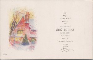 Holiday~Happiness Filled Christmas~Red Brick House~Snow~Vintage Postcard