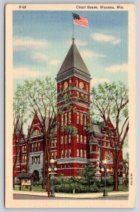 Wausau Wisconsin~Court House Bldg Street View~US Flag~Vintage Linen Postcard