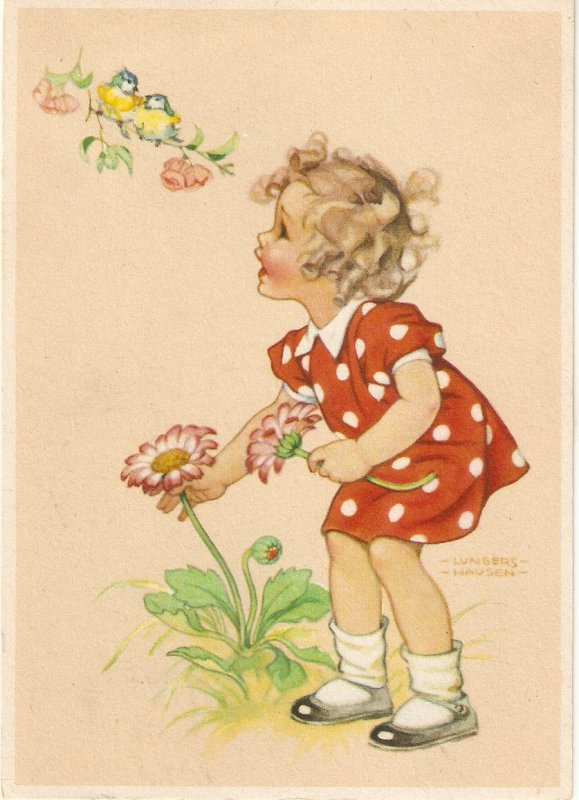 Jungers Hausen.  Little girl picking flowersNice German PC. Continental s