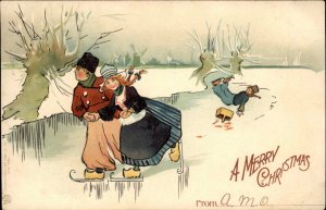 Christmas Dutch Couple Ice Skating Boy Falls on Ice Int'l Art c1910 Postcard