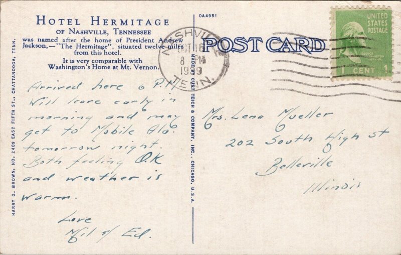 Hotel Hermitage Nashville TN Postcard PC479