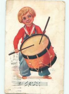 Pre-Linen BOY PLAYING ANTIQUE DRUM AC1357