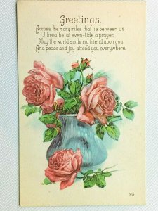 Vintage Postcard 1910s Greeting Across the many miles that lie between us. Roses