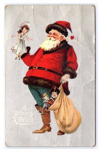 A Merry X-Mas Postcard Santa Claus Red Coat Holding Doll & Bag Of Toys