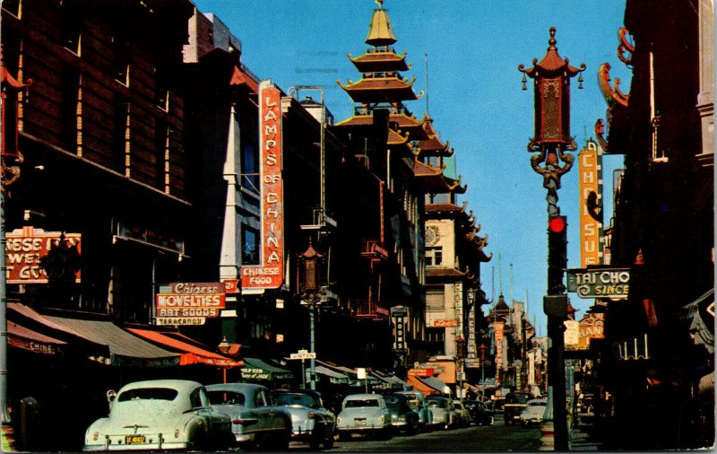 Vtg 1960 Grant Avenue Old Cars Chinatown San Francisco California CA Postcard