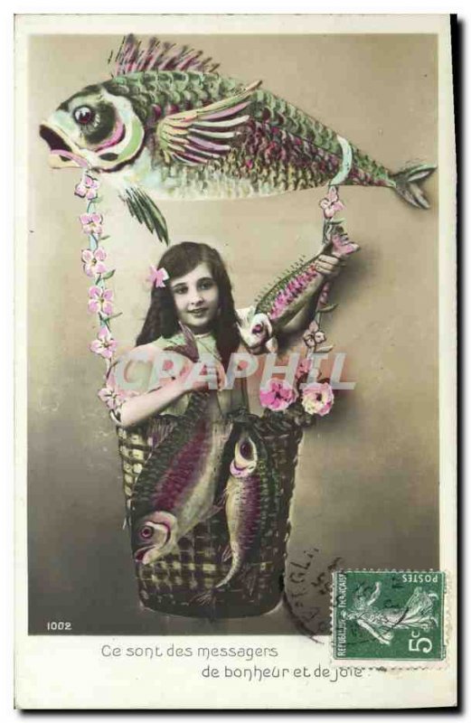 Old Postcard Fun Children Fish