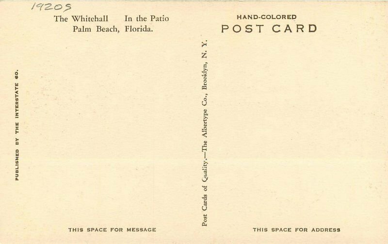 Albertype 1920s Whitehall Hotel Patio Palm Beach Florida Postcard 6998