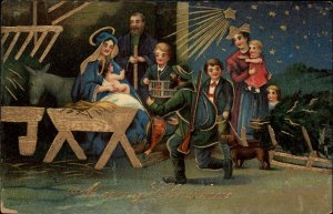 Christams Austrian Man and Children Visit Mary and Baby Jesus c1910 Gel PC