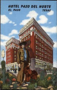 El Paso Texas TX Hotel Paso del Norte Cowboy Linen Vintage Postcard
