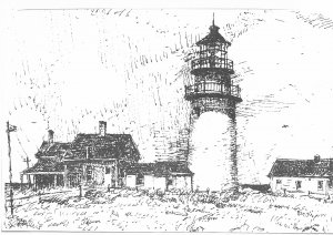 US Unused. Cape Cod Lighthouse, Truro, Mass. pen and ink drawing - Very Nice.