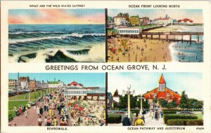 Ocean Grove N.J. Waves Boardwalk Auditorium Greetings Linen WOB Postcard Vtg PM 