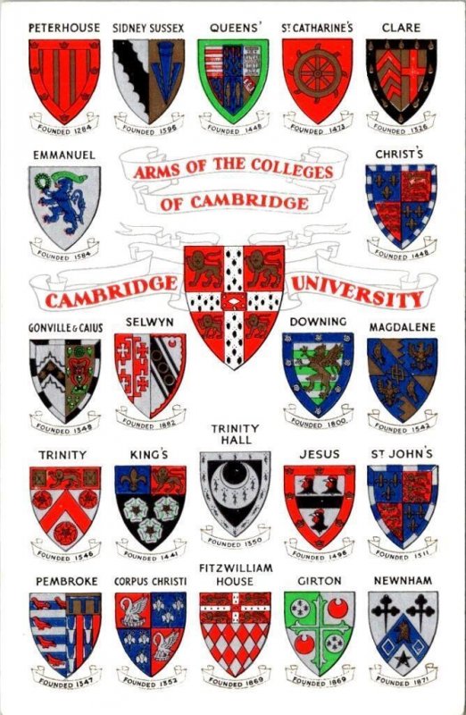 UK, England  UNIVERSITY OF CAMBRIDGE  Arms Of The Colleges  Chrome Postcard