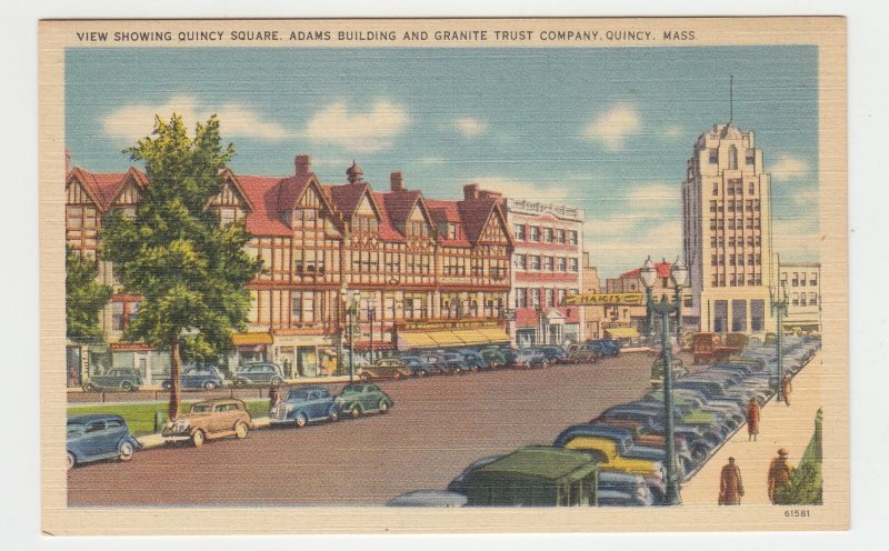 P2193 vintage postcard many old cars quincy sq adams & trust blg quincy mass