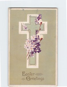 Postcard Easter Greetings with Flowers Cross Embossed Art Print