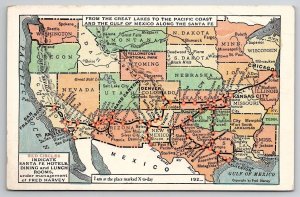 US Map Along The Santa Fe Railroad Line Map With Fred Harvey Hotels Postcard W27