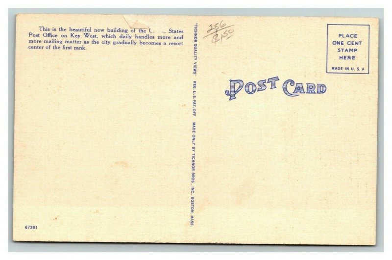 Vintage 1930's Postcard Post Office Building & Old Car Key West Florida