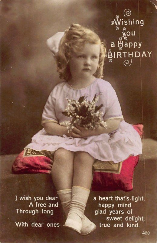 CUTE BLOND HAIR GIRL-PINK DRESS & RIBBON~FLOWERS-HAPPY BIRTHDAY  PHOTO POSTCARD 