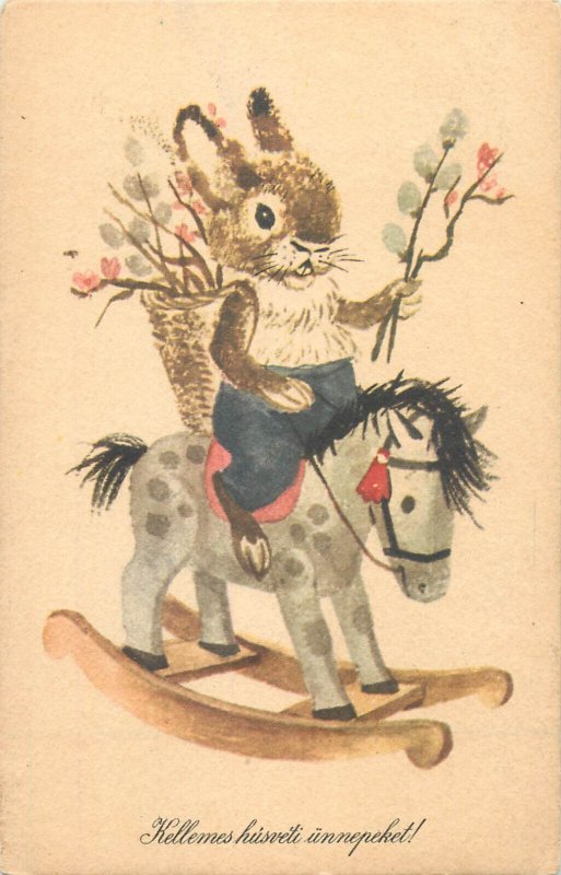 Easter greetings Hungary drawn rabbit rocking wooden horse c.1959