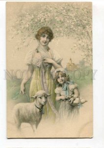 288416 EASTER Girl Sheep by WICHERA Vintage Vienne #300 card