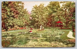 Winona Lake Indiana~Lily Pond~Statue~Pavilion Shelter~Reflection~1907 Postcard