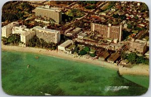 1957 Waikiki Beach and Hotels Buildings Hawaii Aerial View Posted Postcard