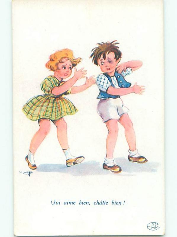 Pre-Linen foreign signed CUTE FRENCH GIRL & BOY WITH BLACK EYE k6767