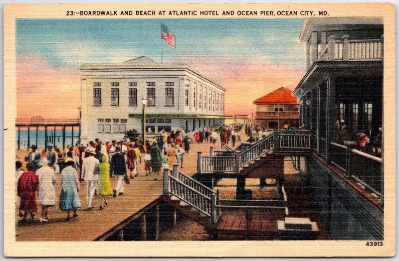 VINTAGE POSTCARD BOARDWALK BEACH AND PIER AT ATLANTIC HOTEL OCEAN CITY MARYLAND