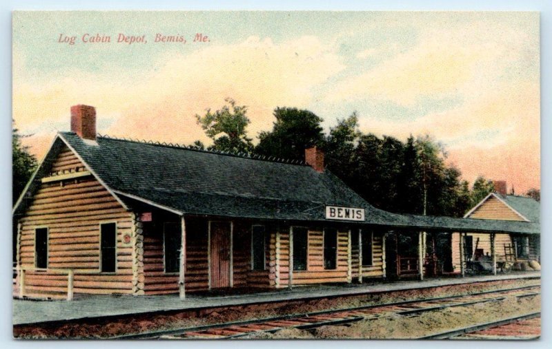 BEMIS, ME Maine ~ LOG CABIN RAILROAD DEPOT c1910s Franklin County  Postcard 