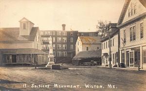 Wilton ME Soldiers Monument Dirt Street Storefronts RPPC