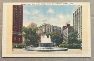 VINTAGE UNUSED LINEN PC - EDISON MEM. FOUNTAIN, GRAND CIRCUS PARK, DETROIT, MICH