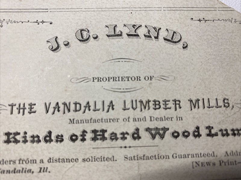 1880s Vandalia Lumber Mills J C Lynd Vandalia IL Illinois Business Card Ad