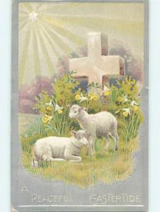 Pre-Linen easter religious CUTE BABY LAMBS BESIDE STONE JESUS CROSS hr2439