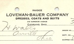 1939 LOVEMAN-BAUER CO. CLEVELAND OH DRESSES COATS SUITS BILLHEAD INVOICE Z1023