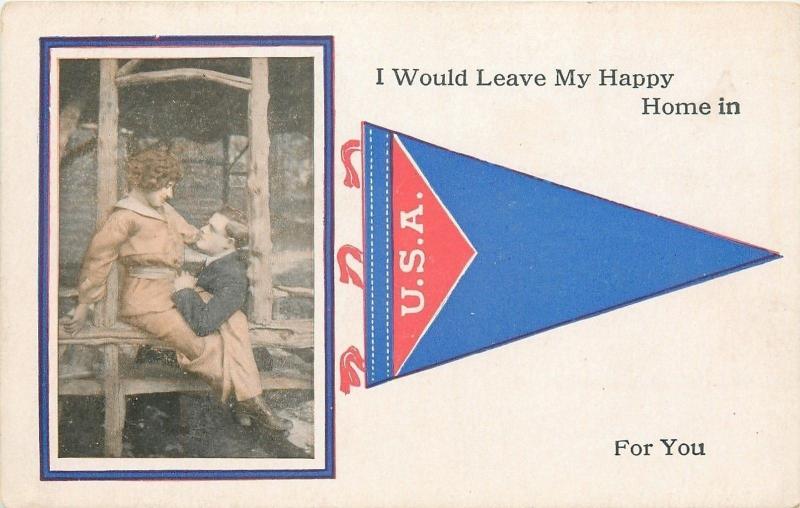 USA Red White & Blue Pennant~Romantic Couple~Leave My Home For You 1914 Postcard