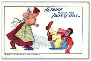 c1905 Couple Angry Wife Fighting Strike While The Iron Is Hot Antique Postcard