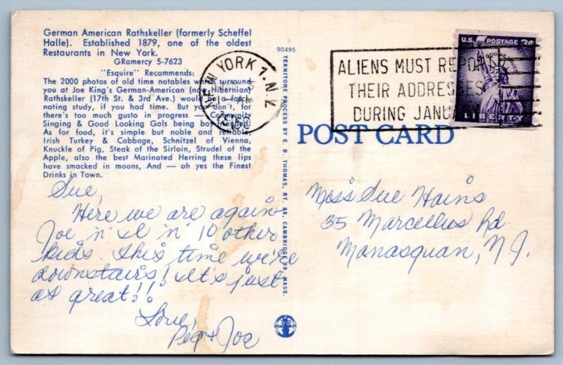 1950 JOE KING'S RATHSKELLAR NYC RESTAURANT BAR INTERIOR VIEW MUGS ON CEILING