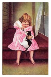 Sharing a Meal Girl Bottle Feeding Kitten Cat 1906 Postcard