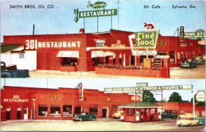 Postcard GA Sylvania Smith Bros Oil Co. 301 Restaurant Classic Cars 1950s S75