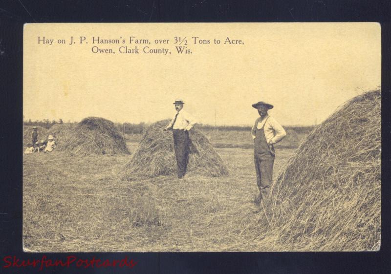 OWEN CLARK COUNTY WISCONSIN HANSON FARM HAY FARMING VINTAGE POSTCARD 1910