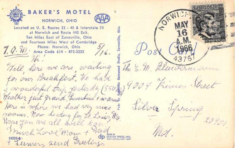 Norwich Ohio Bakers Motel Vintage Postcard J51014