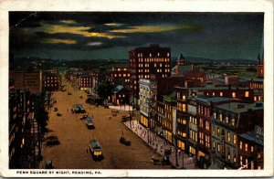 Vtg 1920s Penn Square At Night Reading Pennsylvania PA Postcard