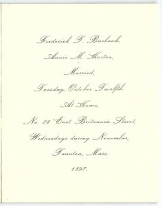 1897 TAUNTON MASS WEDDING ANNOUNCEMENT FREDERICK T. BURBANK ANNIE M HORTON Z5548