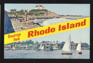 Rhode Island/RI Postcard, Multi-View, Fishing Off Rocks, Sailboats, Rocky Shore