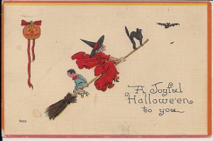 HALLOWEEN Witch on Broomstick, Black Cat, Bat, Jack-o-Lantern 1915 Embossed