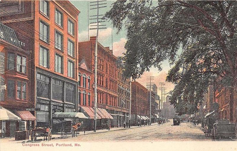 Portland ME Congress Street Store Fronts Horse & Wagons Trolley Postcard