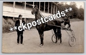 Lisbon OH RPPC Trotter Horse & Jockey on Sulky Owner At Fair Ground Postcard G34