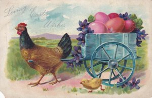 EASTER, 1900-10s; Loving Wishes, Hen pulling blue cart, colored eggs, TUCK 111