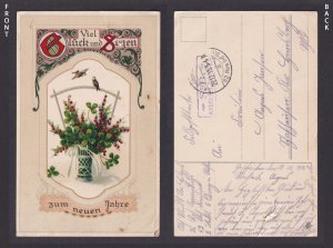 Germany postcard 1917 clover berries birds New Year greetings WWI Feldpost