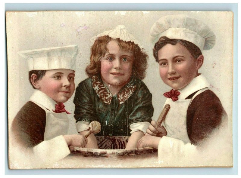 1880s-90s Victorian Card Three Adorable Children Cooking Baking *M