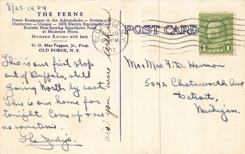 Linen Postcard The Ferns Restaurant in Old Forge, New York~124788